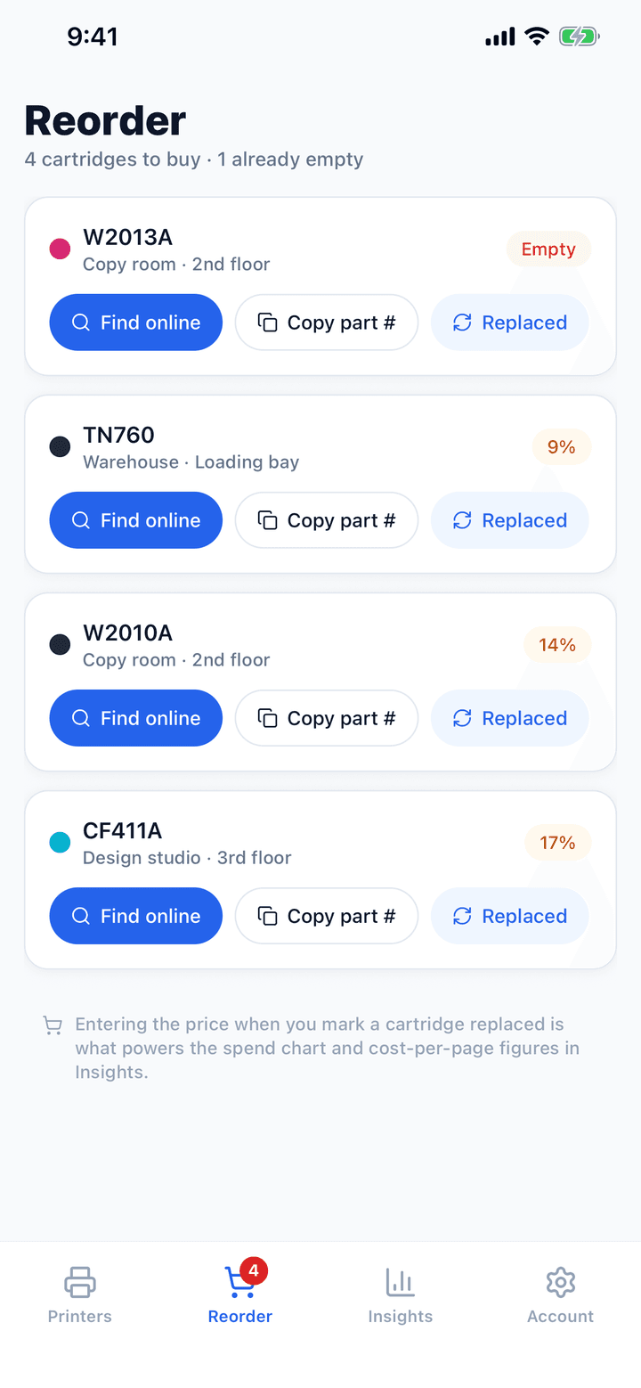TonerPal’s reorder list